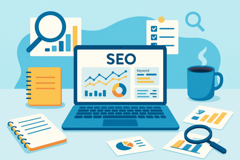 Illustration of SEO dashboard and content tools representing keyword research, analytics, and website optimization for beginners