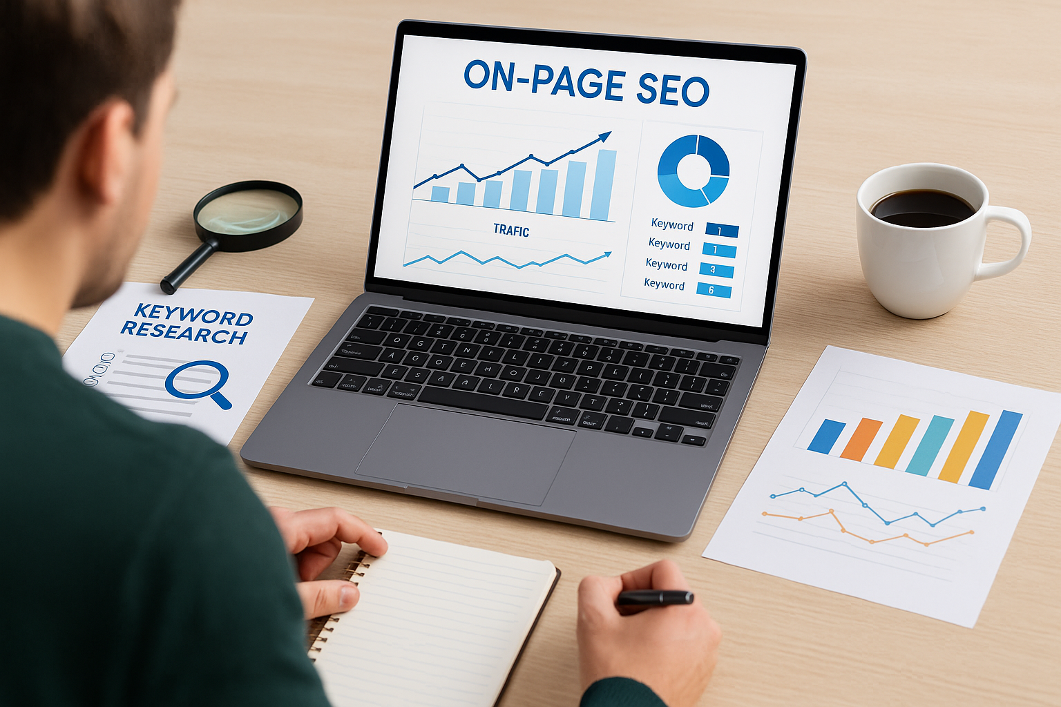 Digital marketer optimizing website content using on-page SEO tactics to boost traffic, with tools for keyword research and traffic analysis.