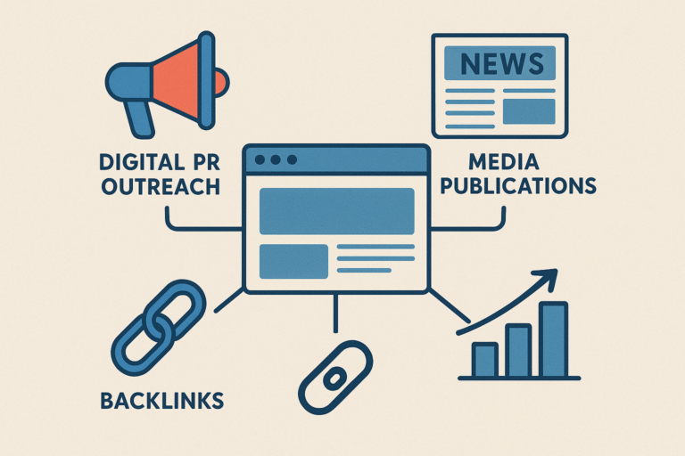 Digital PR link building strategy graphic with backlinks