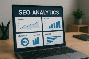 SEO analytics dashboard on laptop screen representing a beginner's SEO guide.