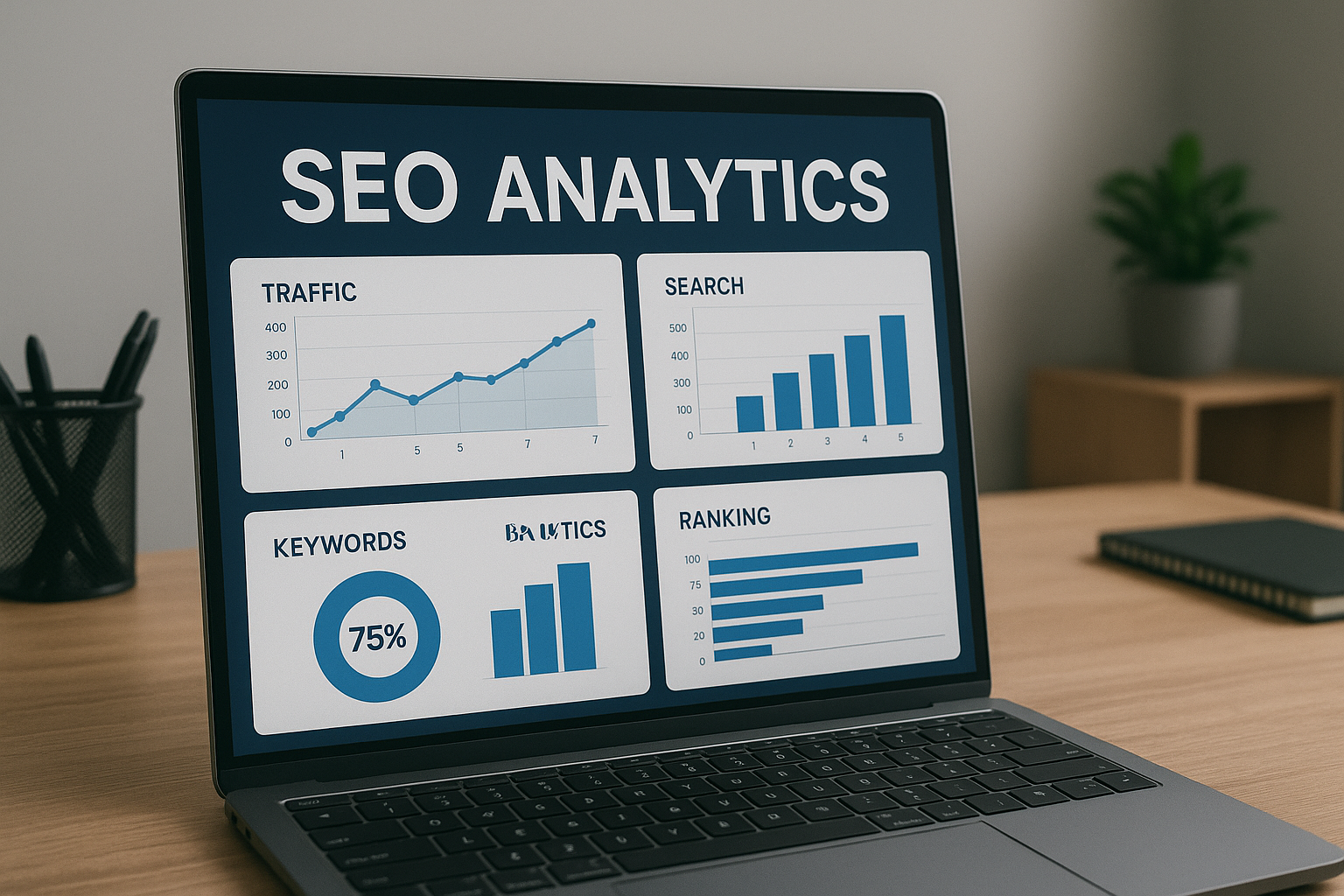 SEO analytics dashboard on laptop screen representing a beginner's SEO guide.