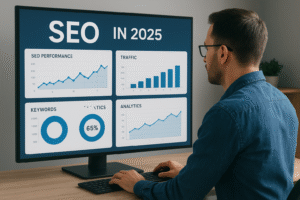 SEO analysis dashboard showing keyword rankings and traffic trends in 2025.