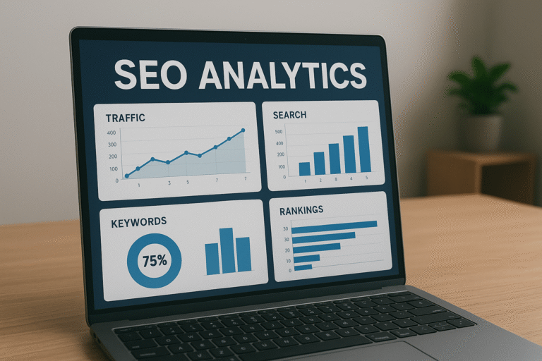 SEO principles illustrated with analytics on laptop screen.