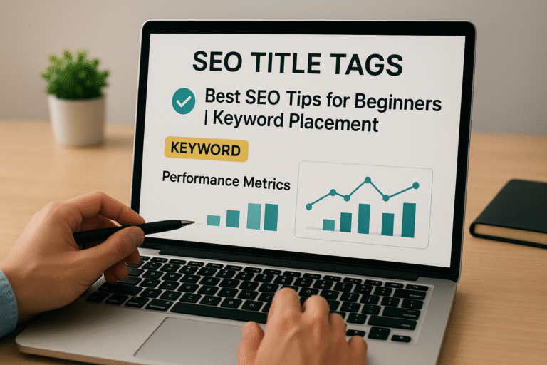 marketer optimizing title tag SEO on laptop